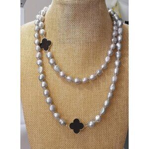Silver Grey Freshwater Pearl Necklace Clover Flower 🆕
